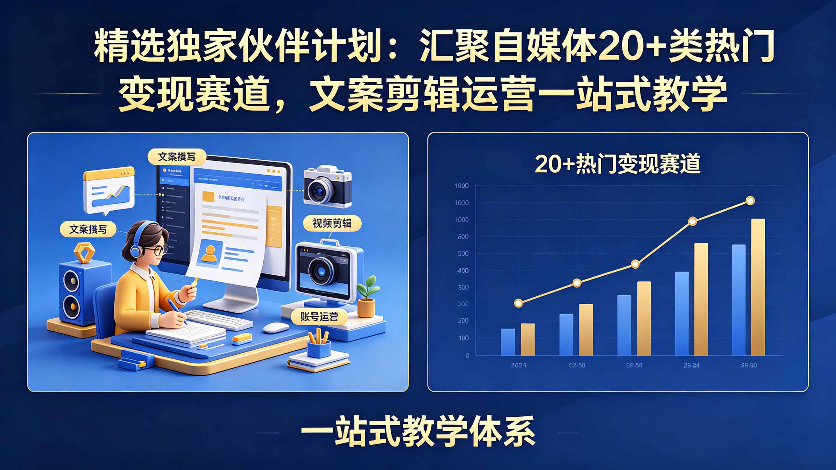 精选独家伙伴计划：汇聚自媒体20+类热门变现赛道，文案剪辑运营一站式教学-huitchan网创