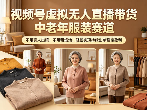 视频号虚拟无人直播带货中老年服装赛道，不用真人出镜、不用租场地，轻松实现持续出单稳定盈利-huitchan网创