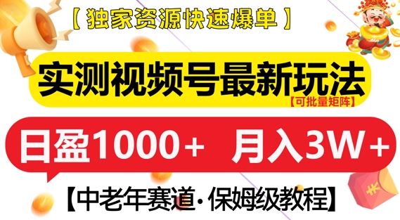 实测视频号最新玩法，中老年赛道，独家资源，月入过W+【揭秘】-huitchan网创