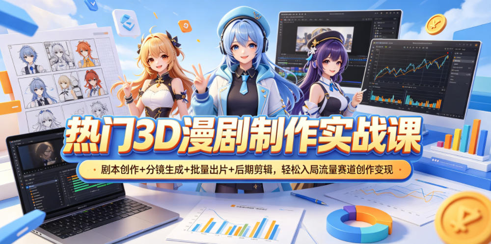 热门3D漫剧制作实战课，剧本创作+分镜生成+批量出片+后期剪辑，轻松入局流量赛道创作变现-huitchan网创
