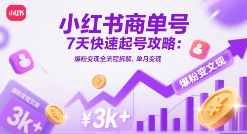 小红书商单号7天快速起号攻略：爆粉变现全流程拆解，单月变现3k+-huitchan网创