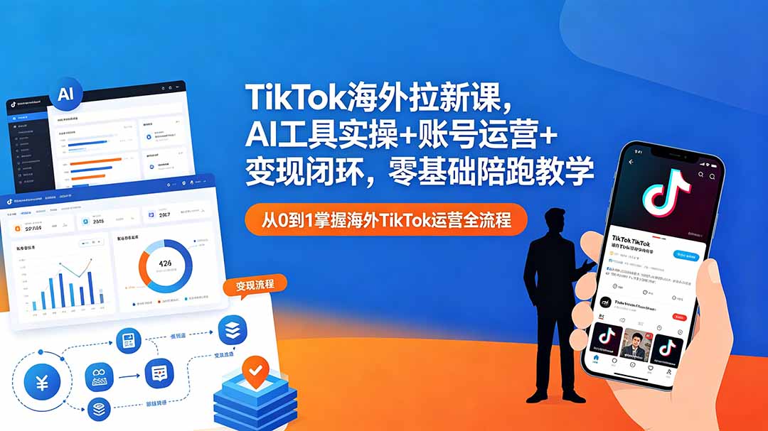 TikTok海外拉新课，AI工具实操+账号运营+变现闭环，零基础陪跑教学-huitchan网创