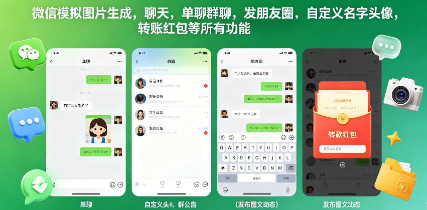 微信模拟图片生成，聊天，单聊群聊，发朋友圈，自定义名字头像，转账红包等所有功能都可以生成-huitchan网创
