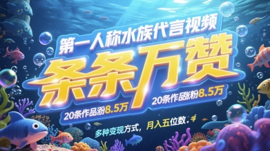 第一人称水族代言视频，条条万赞，20条作品涨粉7.8W，多种变现方式月入五位数-huitchan网创