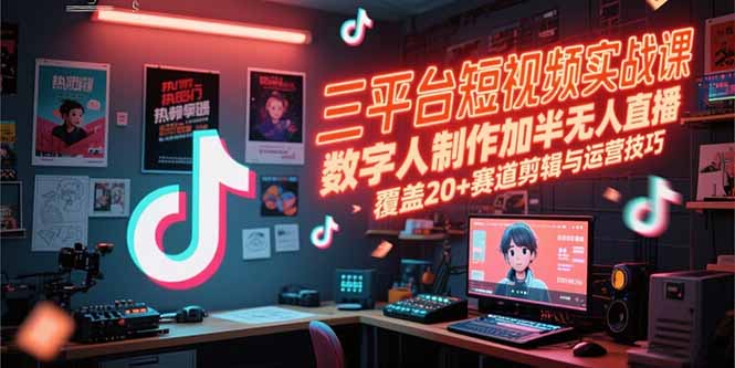 三平台短视频实战课，数字人制作加半无人直播，覆盖20+赛道剪辑与运营技巧-huitchan网创