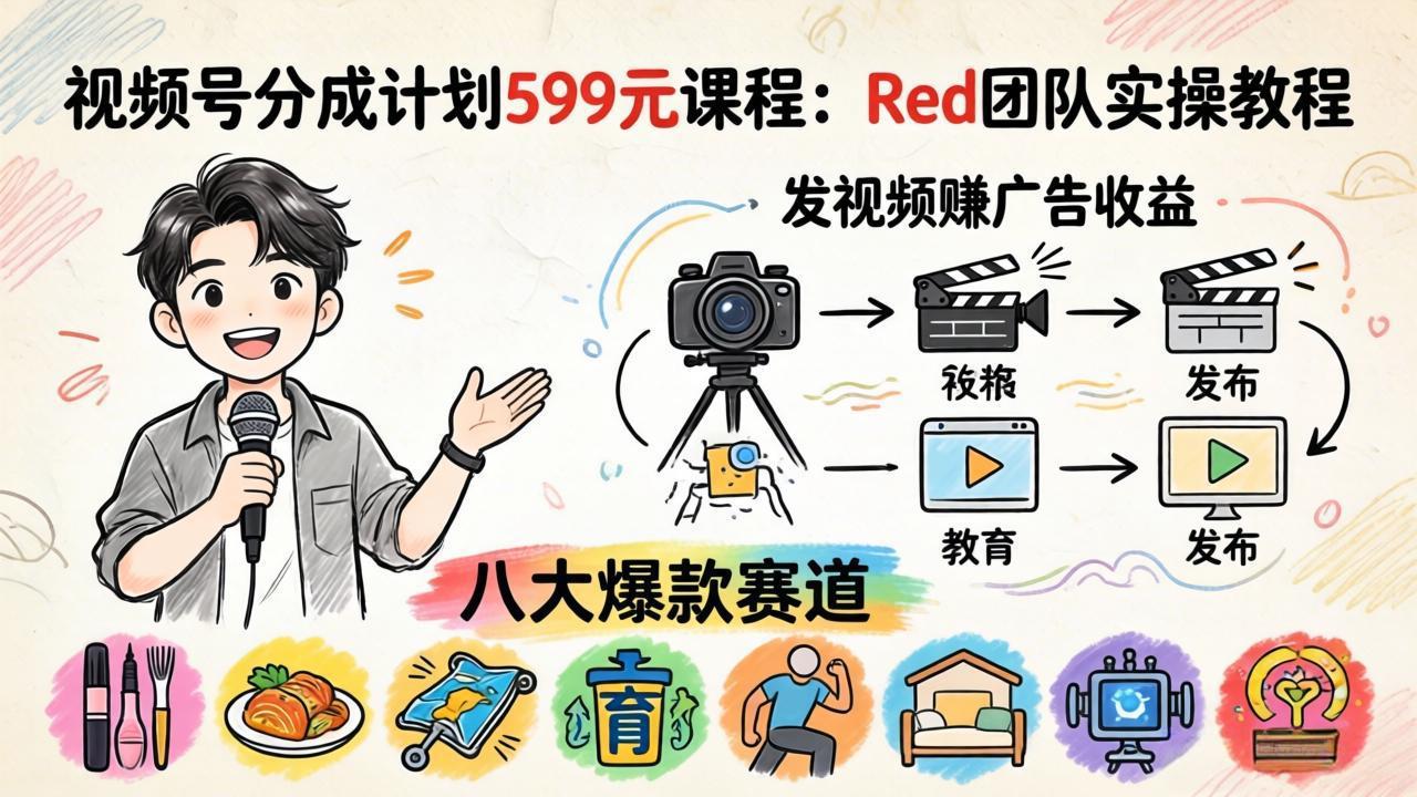 视频号分成计划599元课程：Red团队实操教程，发视频赚广告收益，八大爆款赛道全掌握-huitchan网创