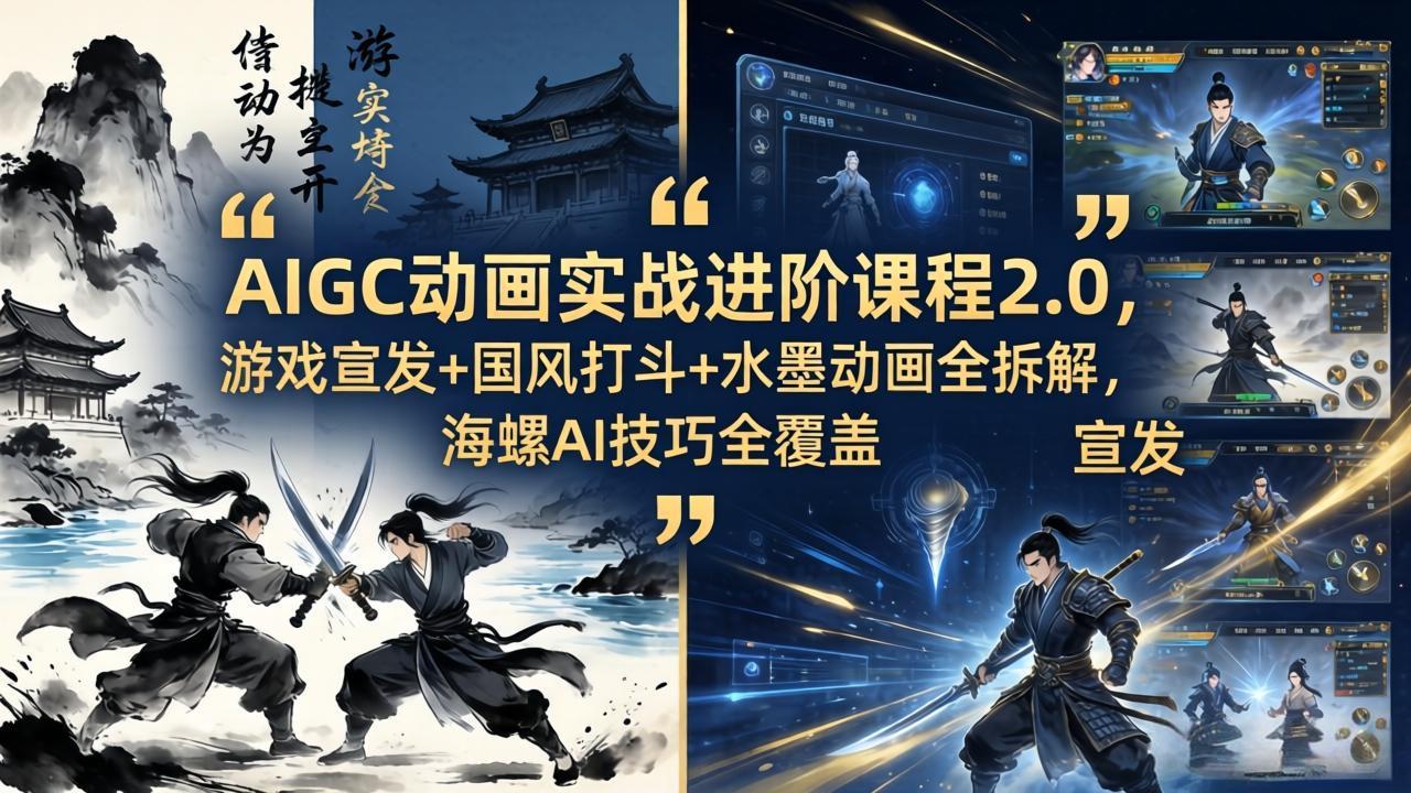 AIGC动画实战进阶课程2.0，游戏宣发+国风打斗+水墨动画全拆解，海螺AI技巧全覆盖-huitchan网创