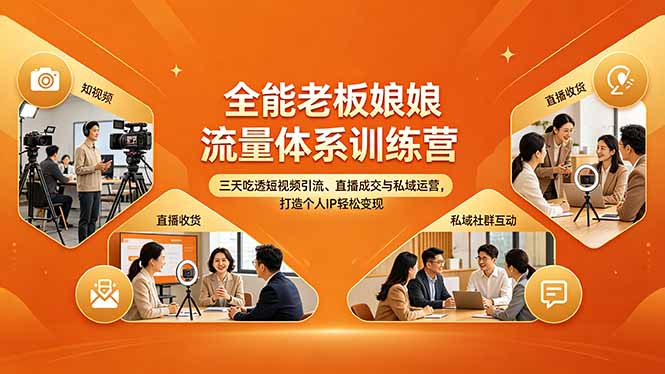 全能老板娘流量体系训练营，三天吃透短视频引流、直播成交与私域运营，打造个人IP轻松变现-huitchan网创
