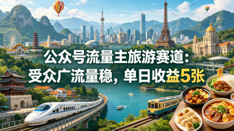 公众号流量主之旅游赛道，受众广+流量稳，平均单日收益5张+-huitchan网创