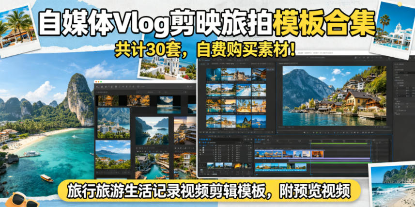自媒体Vlog剪映旅拍模板合集，共计30套，自费购买素材！旅行旅游生活记录视频剪辑模板，附预览视频-FANGXZHAN网创