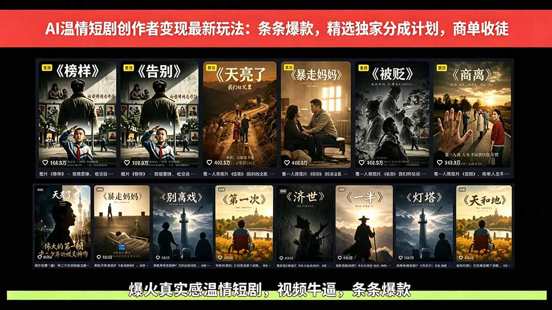 AI温情短剧创作者变现最新玩法：视频牛逼，条条爆款，精选独家分成计划，商单收徒-FANGXZHAN网创