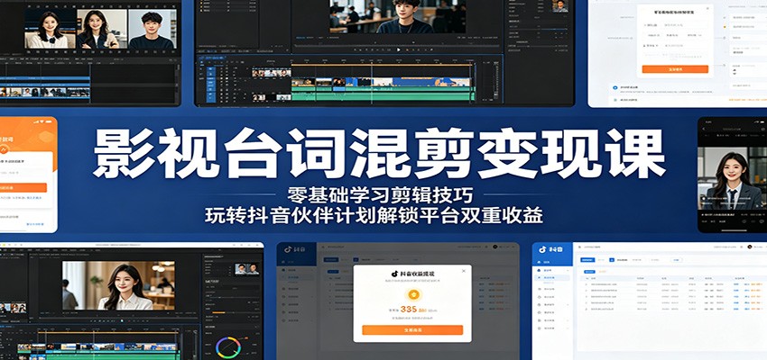 影视台词混剪变现课：零基础学习剪辑技巧，玩转抖音伙伴计划解锁平台双重收益-FANGXZHAN网创