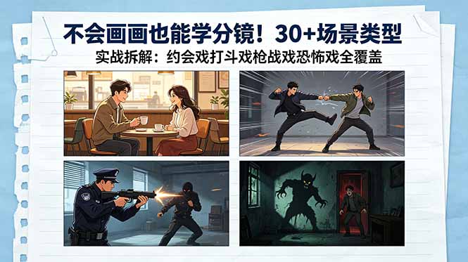 不会画画也能学分镜！30+场景类型实战拆解：约会戏打斗戏枪战戏恐怖戏全覆盖-FANGXZHAN网创