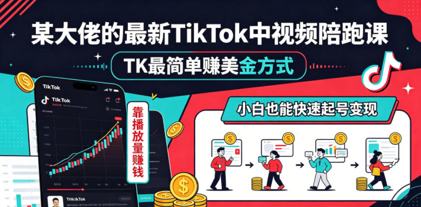 某大佬的最新TikTok中视频陪跑课，TK最简单賺美金方式，靠播放量賺钱，小白也能快速起号变现-FANGXZHAN网创