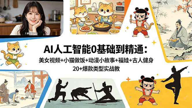 AI人工智能0基础到精通：美女视频+小猫做饭+动漫小故事+福娃+古人健身，20+爆款类型实战教学-FANGXZHAN网创