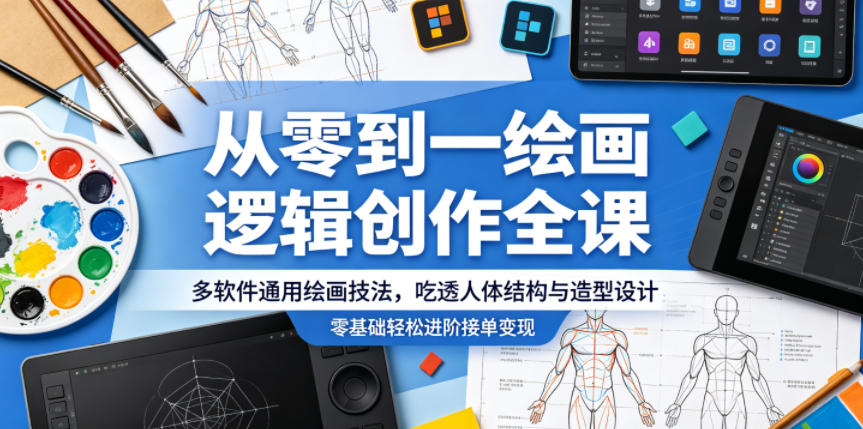 从零到一绘画逻辑创作全课，多软件通用绘画技法，吃透人体结构与造型设计，零基础轻松进阶接单变现-FANGXZHAN网创