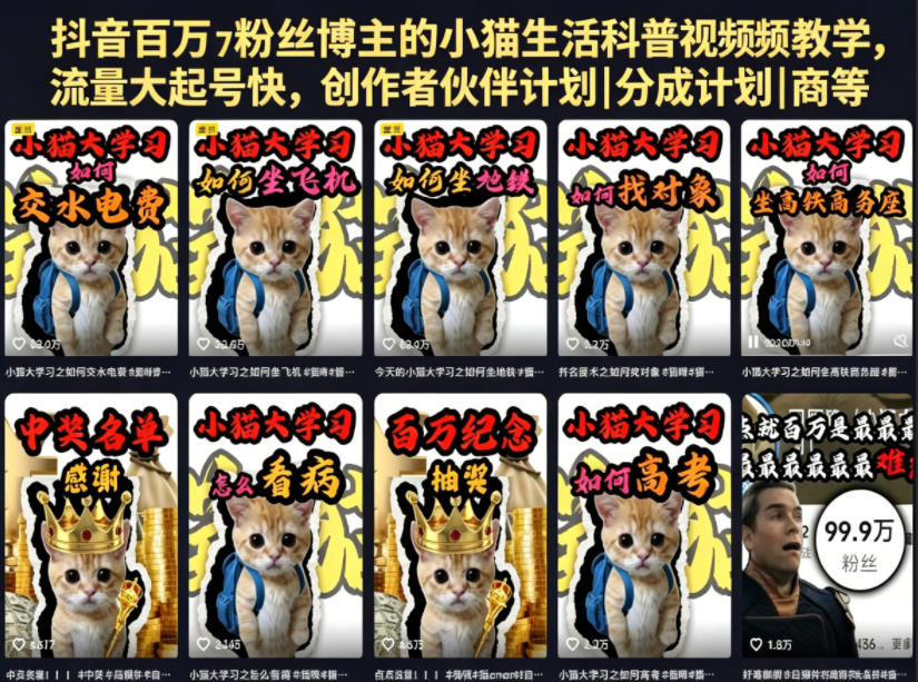 抖音百万粉丝博主的小猫生活科普视频教学，流量大起号快，创作者伙伴计划|分成计划|商单|收徒等-FANGXZHAN网创