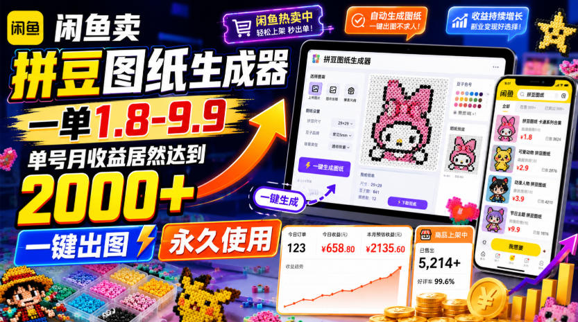 闲鱼卖拼豆图纸生成器，一单1.8-9.9，单号月收益居然达到2000+一键出图永久使用-FANGXZHAN网创