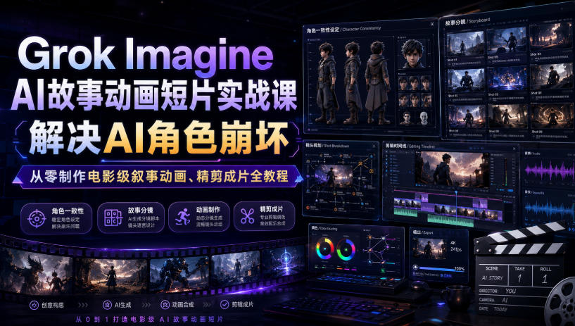 Grok Imagine AI故事动画短片实战课｜解决AI角色崩坏，从零制作电影级叙事动画、精剪成片全教程(中英字幕)-FANGXZHAN网创