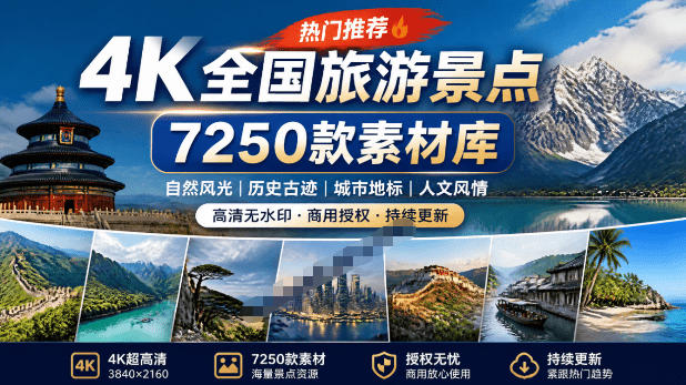 热门全国旅游风景素材！4K全国旅游景点素材库，7250款素材，旅行达人城市航拍风景风光高清短视频-FANGXZHAN网创