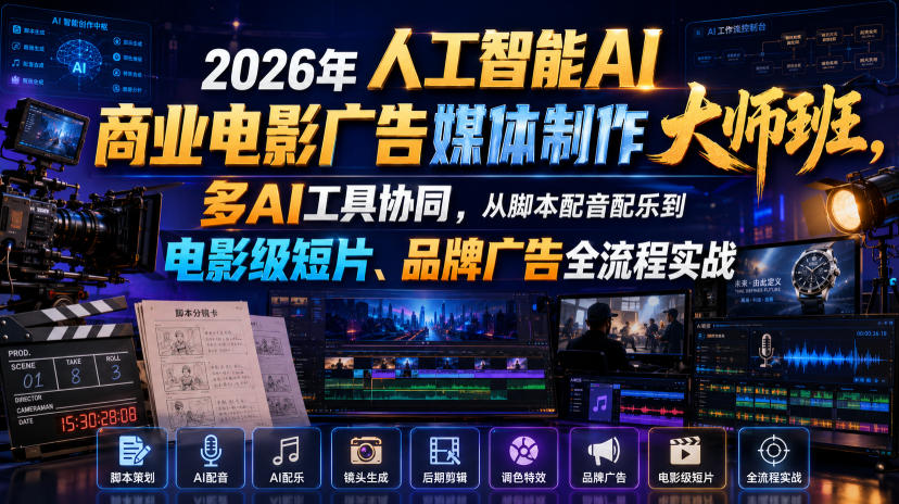 2026年人工智能AI商业电影广告媒体制作大师班，多AI工具协同，从脚本配音配乐到电影级短片、品牌广告全流程实战(中英字幕)-FANGXZHAN网创