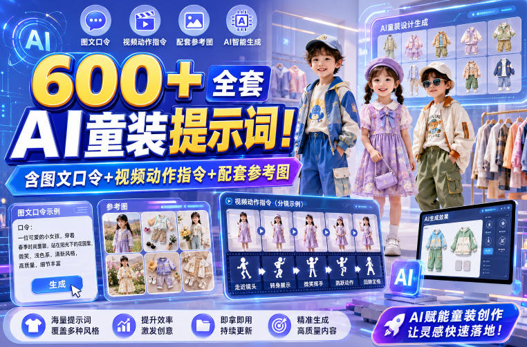 600+全套AI童装提示词！含图文口令+视频动作指令+配套参考图，Word-Excel规整分类，童装电商、种草无脑量产内容！-FANGXZHAN网创