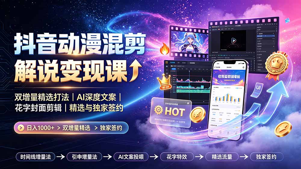 抖音动漫混剪解说变现课：双增量精选打法｜AI深度文案｜花字封面剪辑｜ 精选与独家签约日入1000+-FANGXZHAN网创