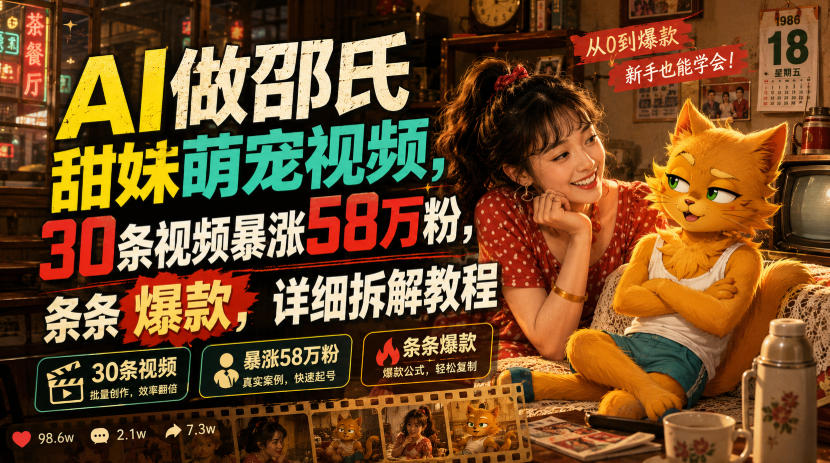AI做邵氏甜妹萌宠视频，30条视频暴涨58万粉，条条爆款，详细拆解教程-FANGXZHAN网创