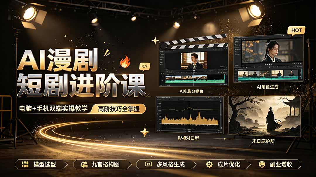 AI漫剧短剧进阶课｜电脑+手机双端实操教学｜影视剧对口型人物吃瓜×解压末日庇护所全程讲解，高阶技巧全掌握-FANGXZHAN网创