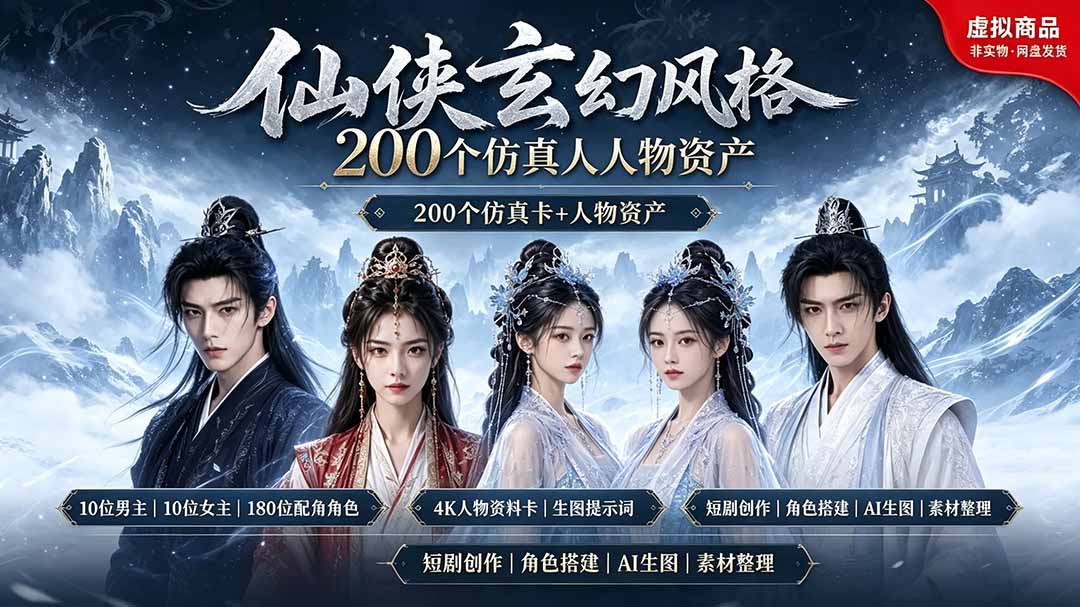 200个仙侠玄幻仿真人素材◆10男主×10女主×180配角，4K资料卡+AI生图提示词，漫剧必备-FANGXZHAN网创