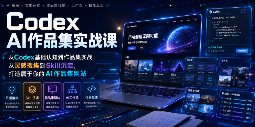 Codex AI作品集实战课,从Codex基础认知到作品集实战,从灵感搜集到Skill沉淀,打造属于你的AI作品集网站-FANGXZHAN网创