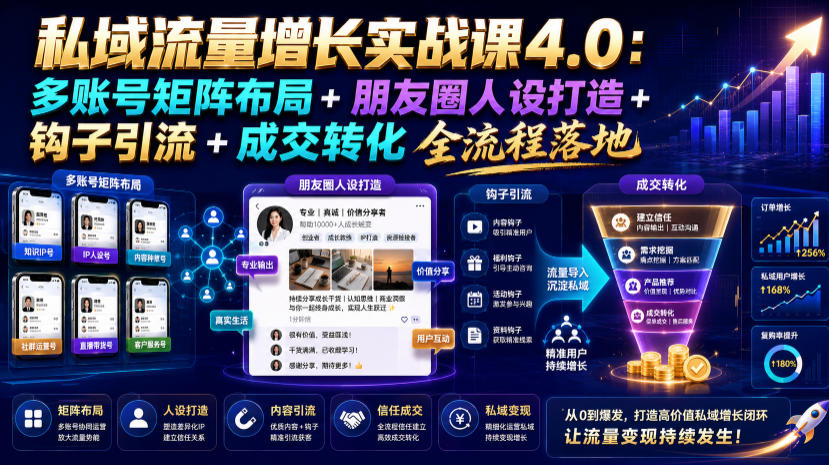 私域流量增长实战课4.0：多账号矩阵布局+朋友圈人设打造+钩子引流+成交转化全流程落地-FANGXZHAN网创
