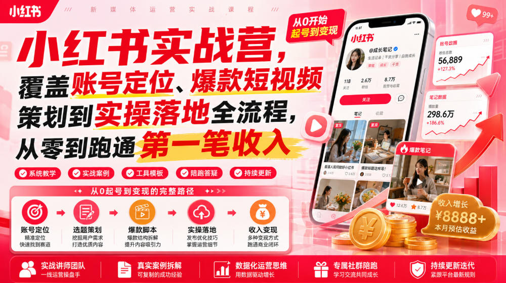 小红书实战营，覆盖账号定位、爆款短视频策划到实操落地全流程，从零到跑通第一笔收入-FANGXZHAN网创