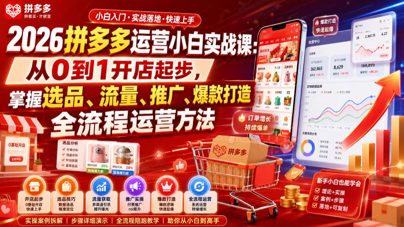 2026拼多多运营小白实战课：从0到1开店起步，掌握选品、流量、推广、爆款打造全流程运营方法-FANGXZHAN网创