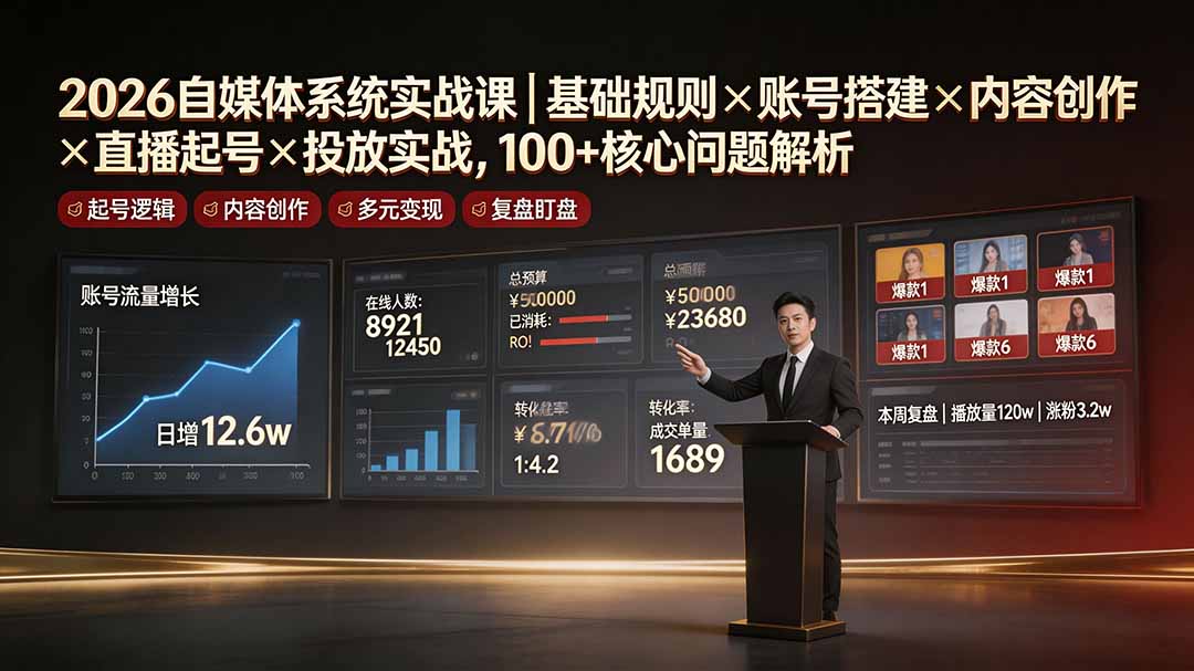 2026自媒体系统实战课｜基础规则×账号搭建×内容创作×直播起号×投放实战，100+核心问题解析-FANGXZHAN网创