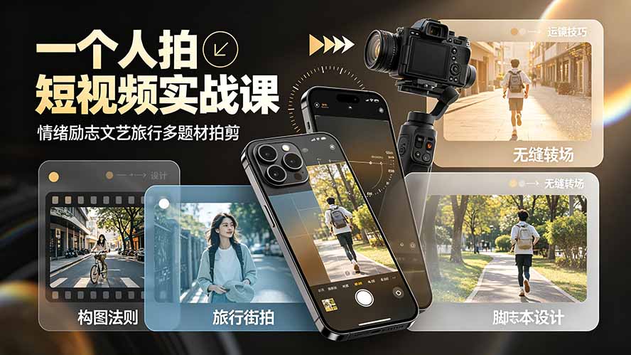 一个人拍短视频实战课：情绪励志文艺旅行多题材×五大景别×黄金构图×八大运镜，从拍摄到成片高效创作-FANGXZHAN网创