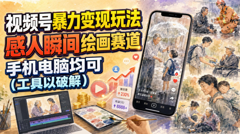 视频号暴力变现玩法，感人瞬间绘画赛道，手机电脑均可-FANGXZHAN网创