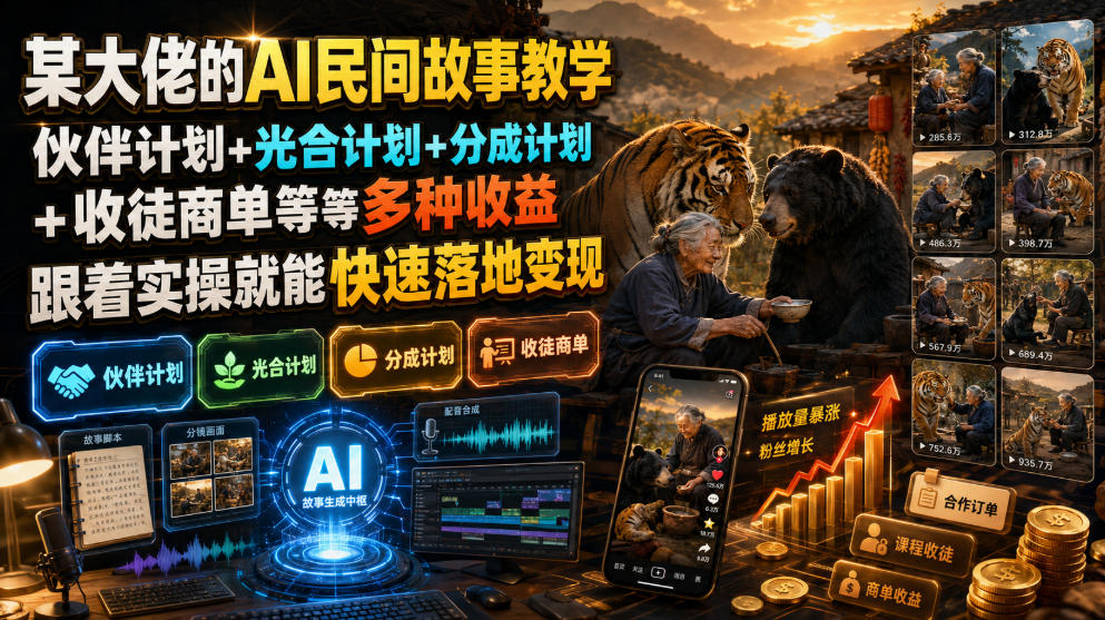 某大佬的AI民间故事教学，伙伴计划+光合计划+分成计划+收徒商单等多种收益，跟着实操就能快速落地变现-FANGXZHAN网创