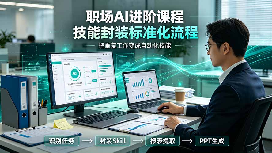 职场AI进阶课程；多类实用Skill工具实操，专属技能封装标准化流程，报表行业报告一键提取核心内容-FANGXZHAN网创