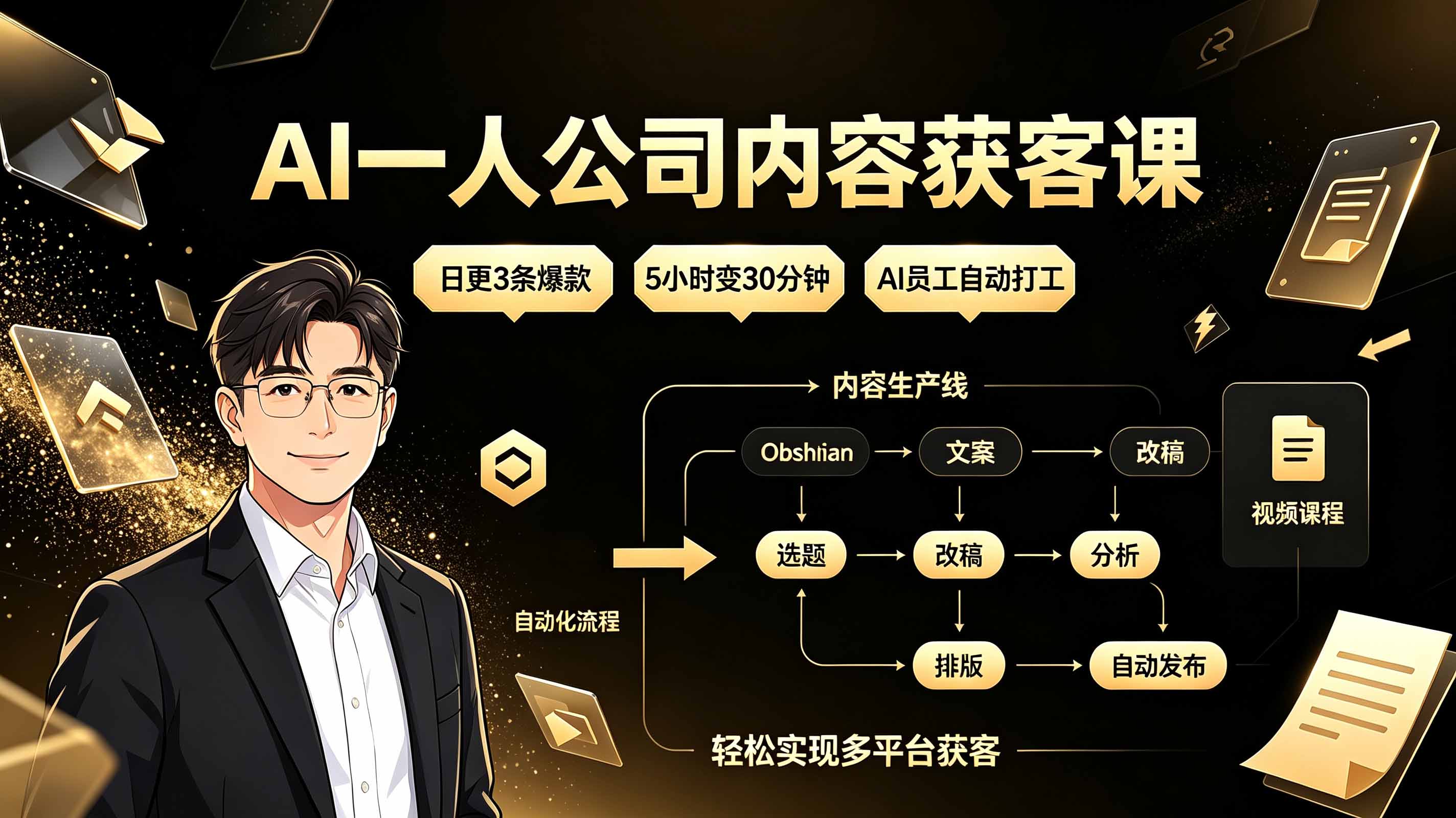 AI一人公司内容获客课：日更3条爆款×5小时变30分钟×AI员工自动打工，轻松实现多平台获客-FANGXZHAN网创