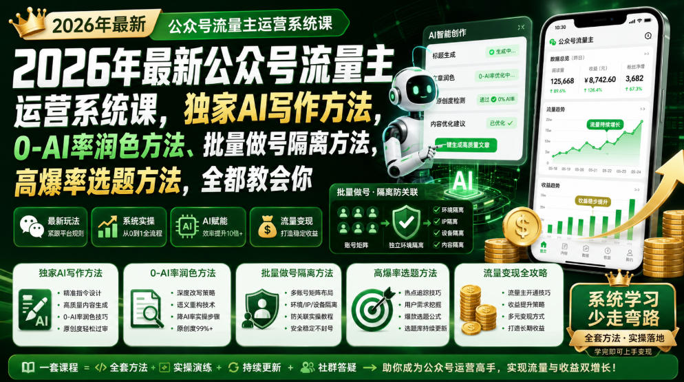 2026年最新公众号流量主运营系统课，独家AI写作方法，0-AI率润色方法、批量做号隔离方法、高爆率选题方法，全都教会你-FANGXZHAN网创