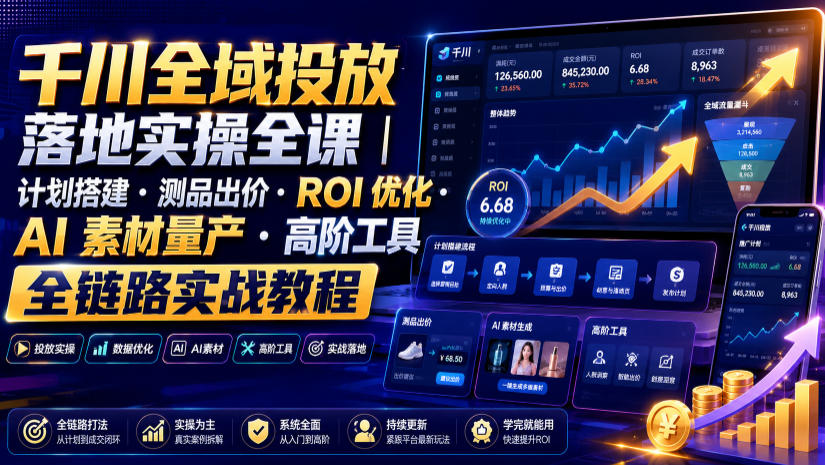 千川全域投放落地实操全课｜计划搭建・测品出价・ROI优化・AI素材量产・高阶工具全链路实战教程-FANGXZHAN网创