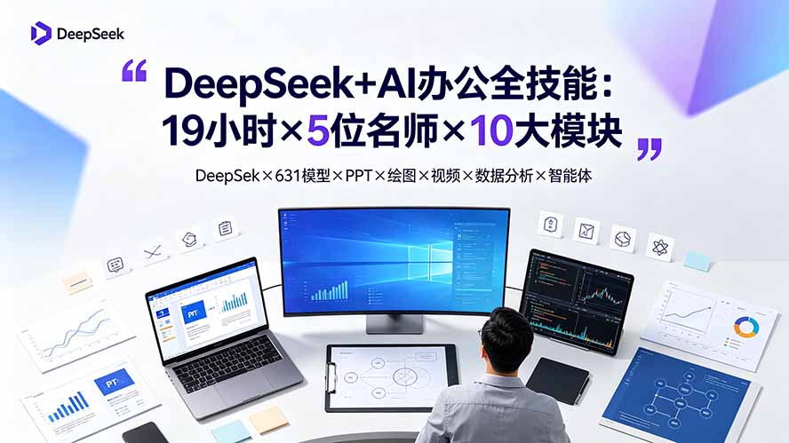 DeepSeek+AI办公全技能：19小时×5位名师×10大模块，DeepSeek×631模型×PPT×绘图×视频×数据分析×智能体-FANGXZHAN网创