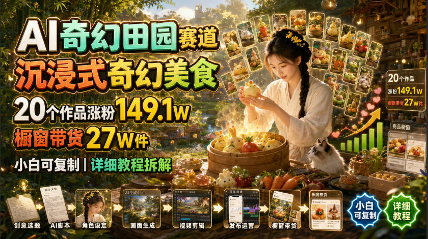 AI奇幻田园赛道，沉浸式奇幻美食，20个作品涨粉149.1W，橱窗带货27W件，小白可复制，详细教程拆解-FANGXZHAN网创