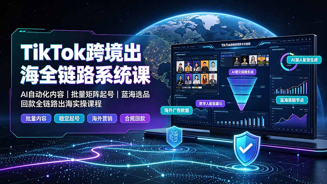 TikTok跨境出海全链路系统课-2026年7月：AI自动化内容｜批量矩阵起号｜蓝海选品回款全链路出海实操课程-FANGXZHAN网创