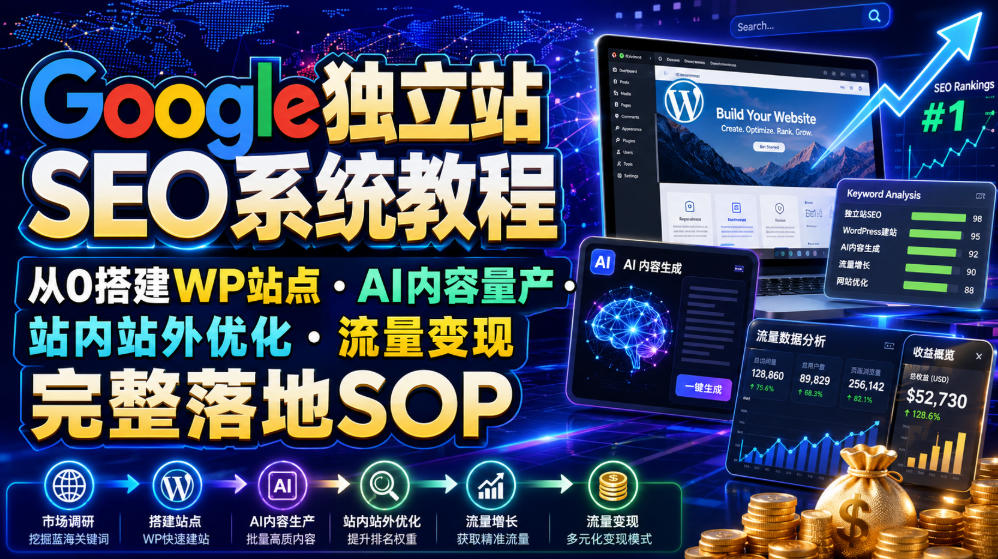 Google独立站SEO系统教程，从0搭建WP站点・AI内容量产・站内站外优化・流量变现完整落地SOP(2026年7月)-FANGXZHAN网创