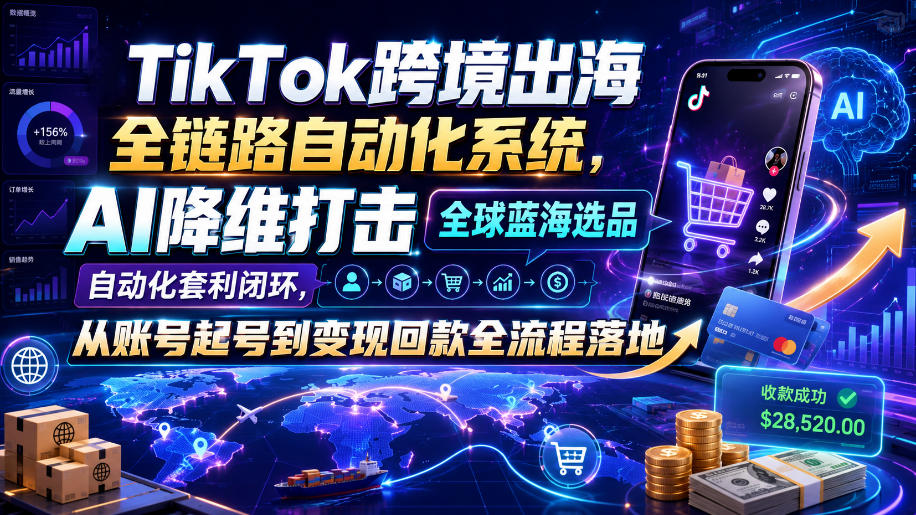 TikTok跨境出海全链路自动化系统，AI降维打击全球蓝海选品自动化套利闭环，从账号起号到变现回款全流程落地(2026年7月)-FANGXZHAN网创