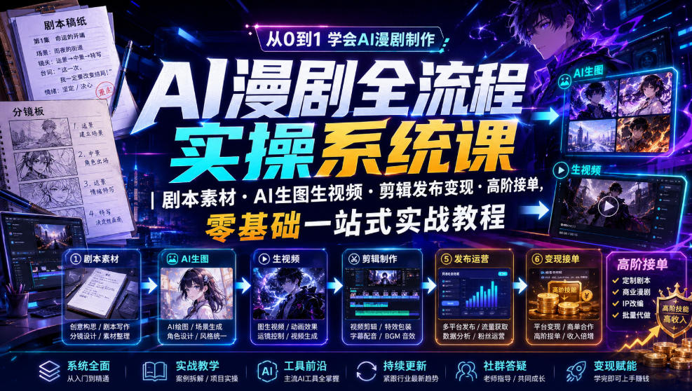 AI漫剧全流程实操系统课｜剧本素材・AI生图生视频・剪辑发布变现・高阶接单，零基础一站式实战教程-FANGXZHAN网创