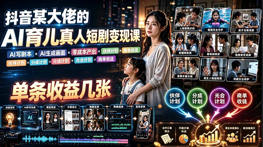 AI育儿真人短剧变现课：AI写剧本×AI生成画面×零成本产出×伙伴计划×分成计划×光合计划×商单收徒-FANGXZHAN网创