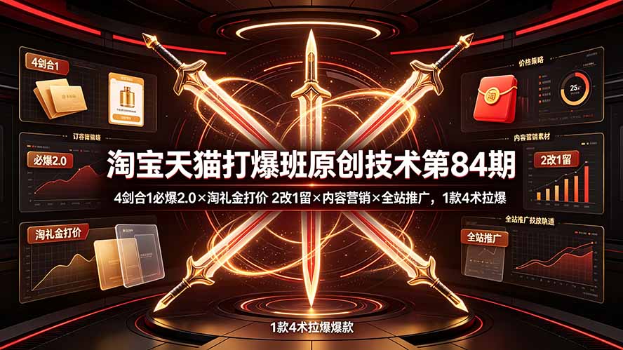 淘宝天猫打爆班原创技术第84期：4剑合1必爆2.0×淘礼金打价×2改1留×内容营销×全站推广，1款4术拉爆-FANGXZHAN网创